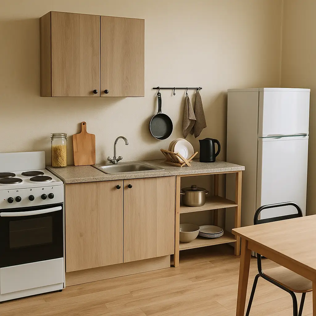 Cozinha simples e funcional com armários de madeira, fogão, geladeira, pia com escorredor de pratos e utensílios básicos, exemplificando como montar uma cozinha barata do zero.