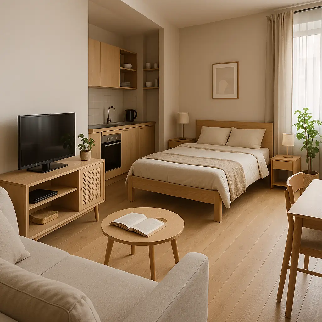 Espaço compacto com móveis para kitnet, incluindo cama, sofá, mesa de centro, TV, e cozinha integrada com armários e eletrodomésticos em tons de madeira clara.