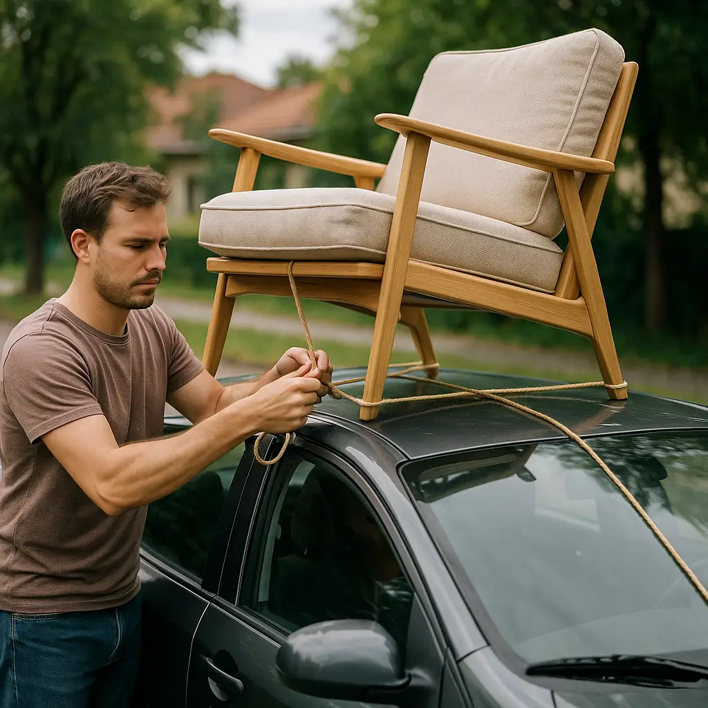Homem amarrando cadeira no teto de um carro para transportar móveis sem caminhão.
