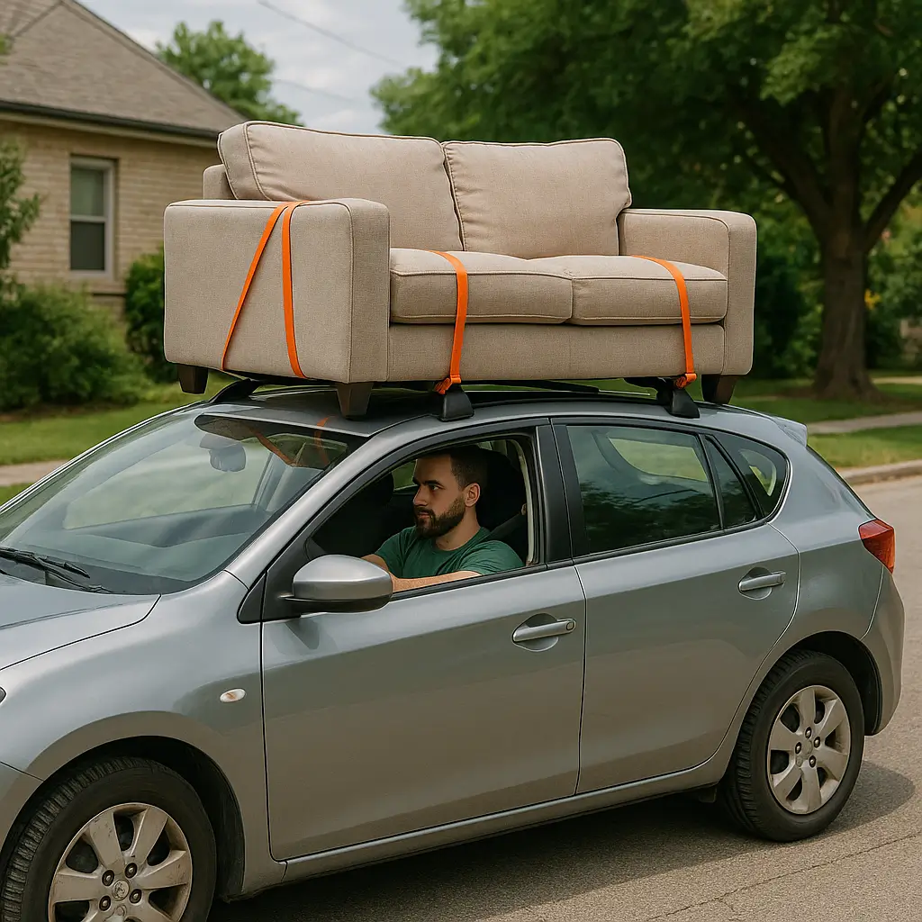 Carro com sofá amarrado no teto, ilustrando transportar móveis sem caminhão.