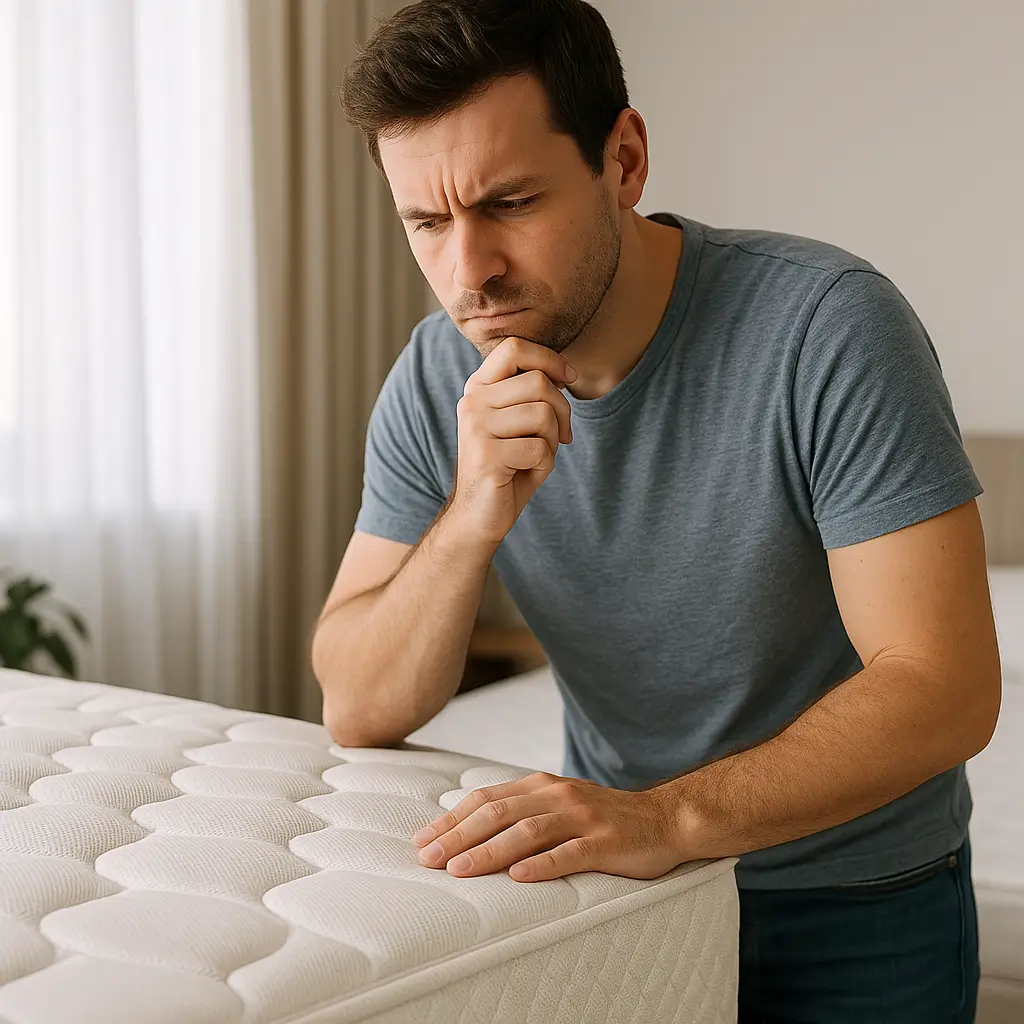 Pessoa analisando um colchão com expressão de dúvida, questionando se colchão barato presta.