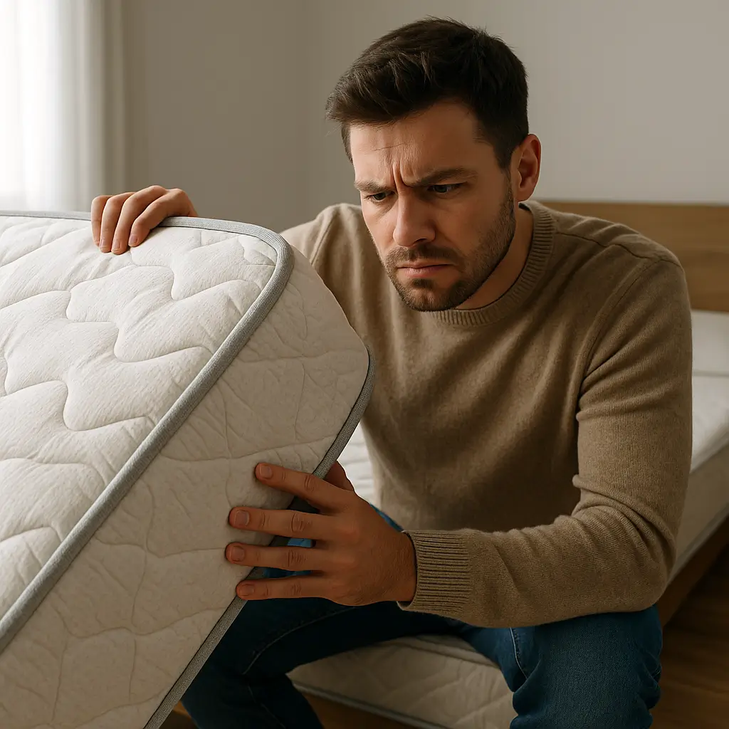 Homem analisa colchão com expressão de dúvida, questionando se colchão barato presta.