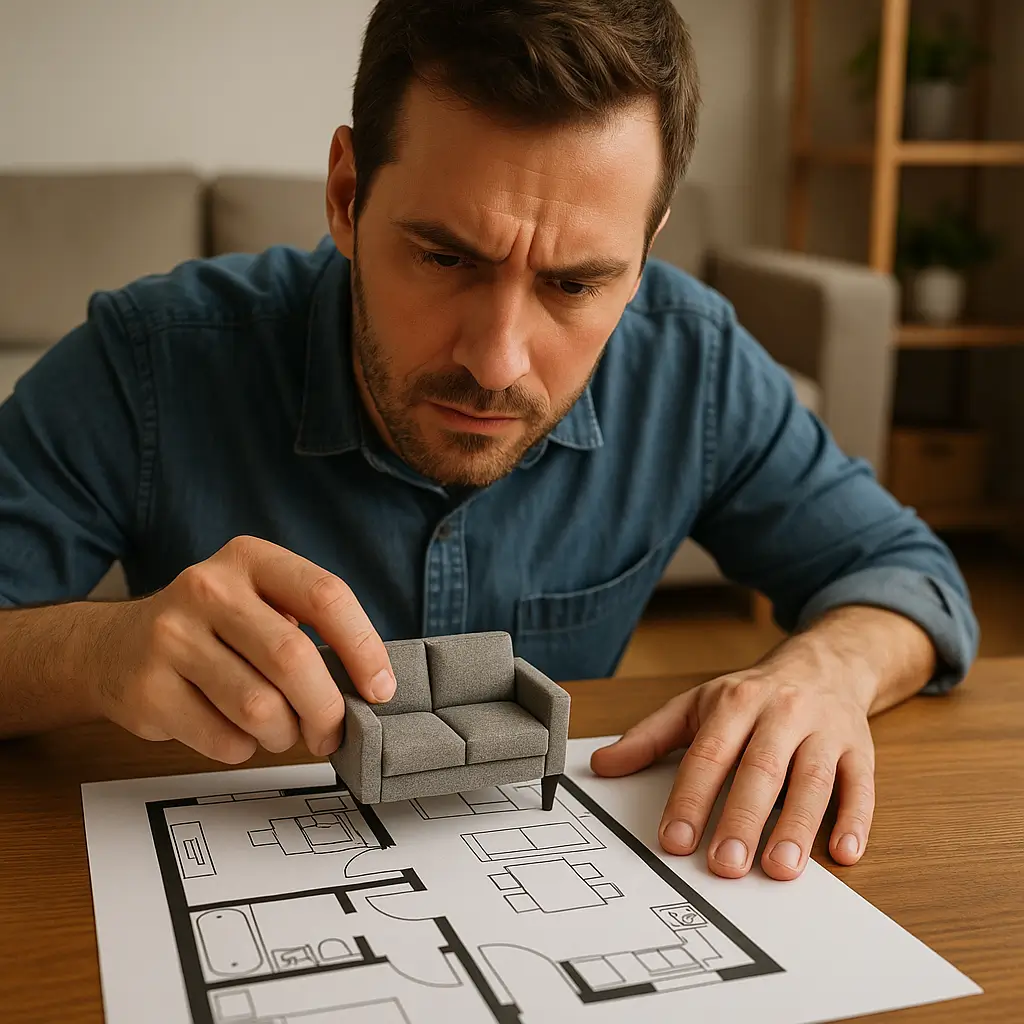 Homem analisa planta baixa usando miniatura de sofá para verificar se sofá vai caber na sala.