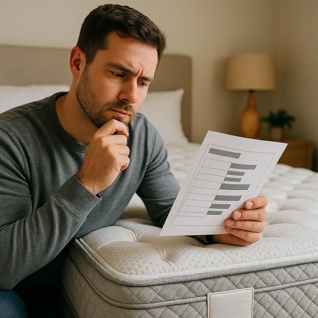 Homem analisando gráfico ao lado de colchão, refletindo sobre como saber se colchão é duro ou mole.