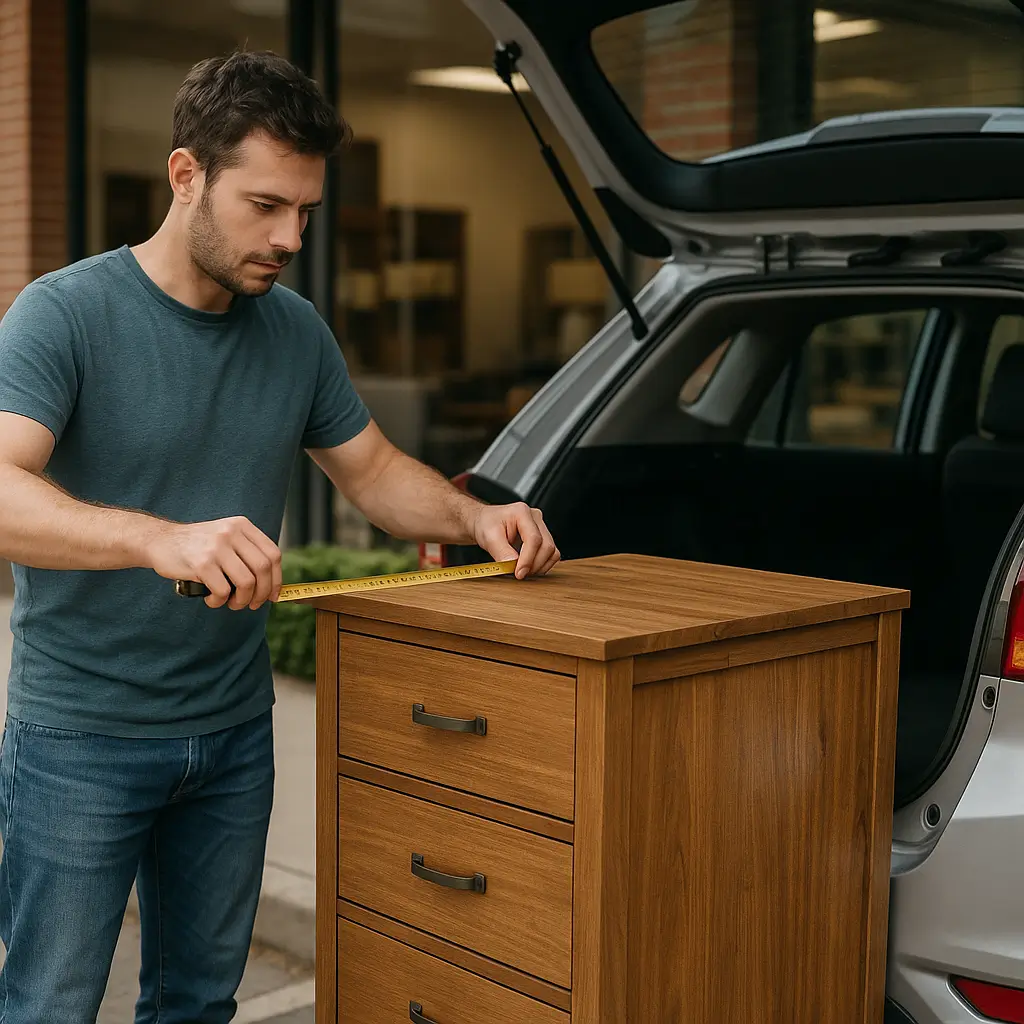 Homem medindo móvel para verificar se cabe no carro.