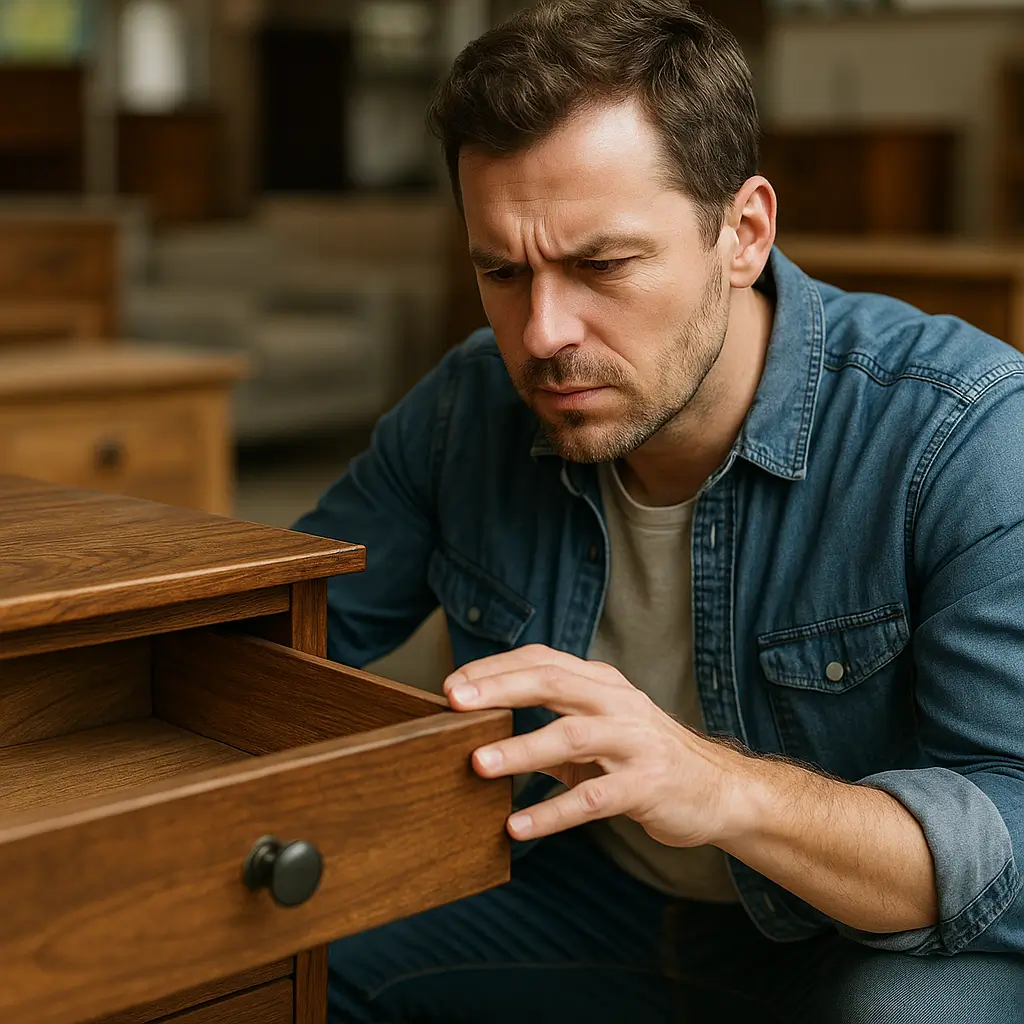 Homem inspecionando uma gaveta de madeira em uma loja, focado em como saber se o móvel é usado ou novo.