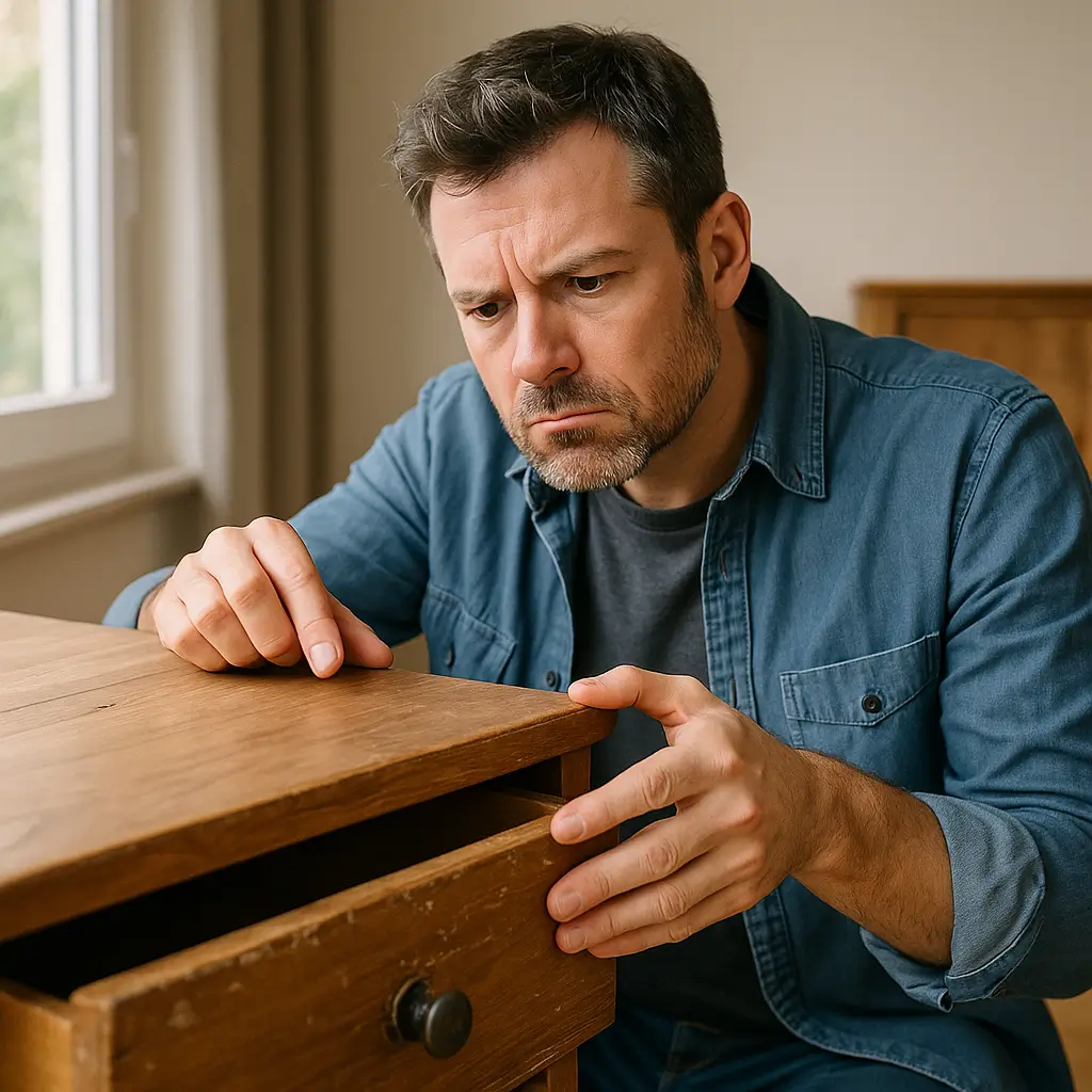Homem examinando gaveta de móvel para identificar como saber se o móvel é usado ou novo.