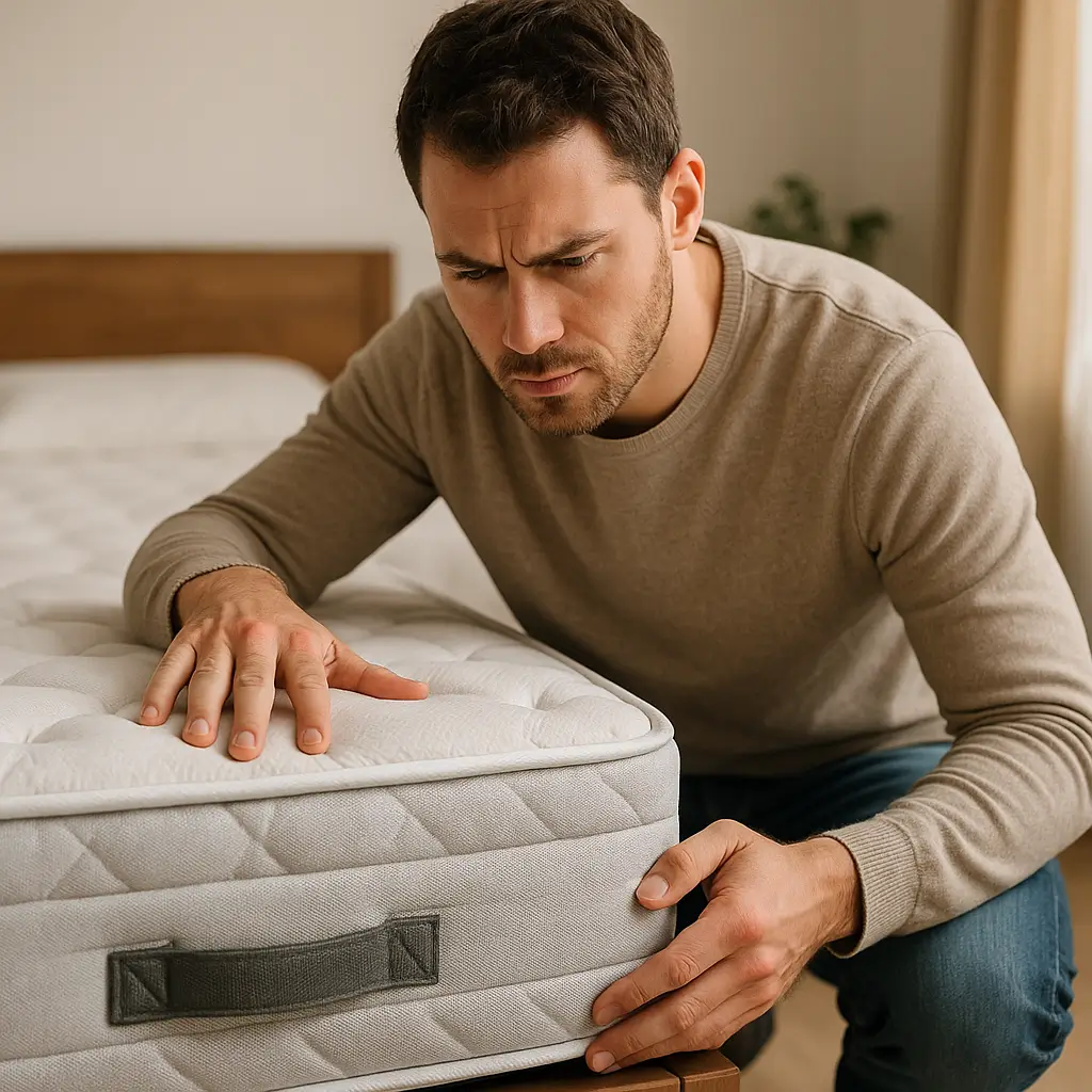 Homem examinando um colchão, avaliando quanto tempo o colchão vai durar.
