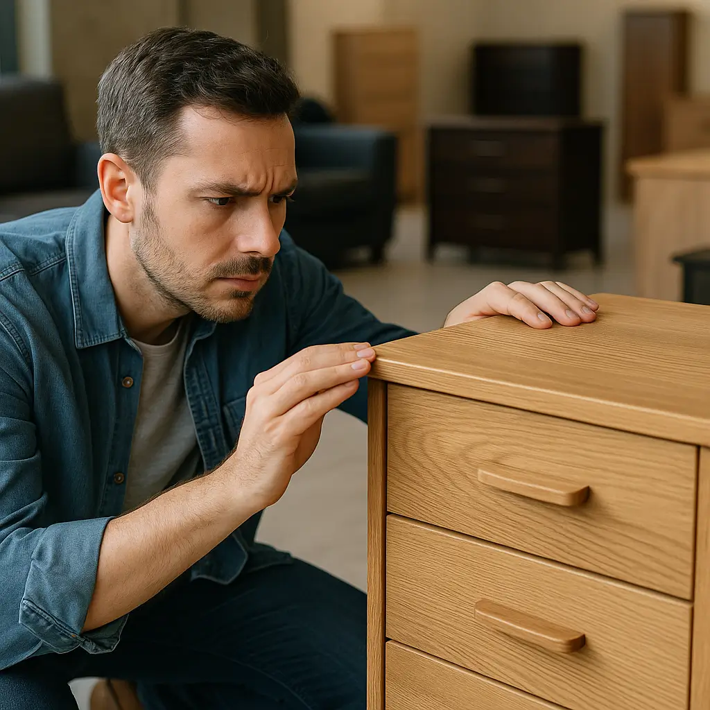 Homem inspecionando atentamente um armário de madeira para verificar como saber se o móvel é usado ou novo.