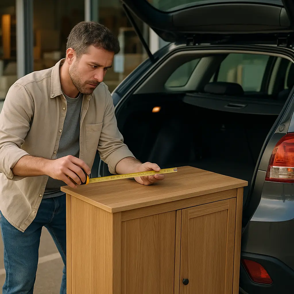 Homem mede móvel para verificar se cabe no carro.
