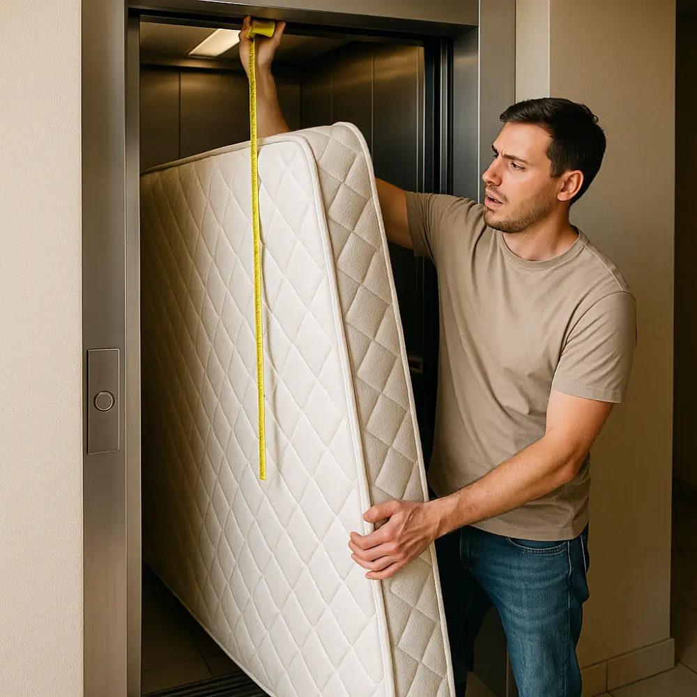 Homem mede se colchão de casal cabe no elevador.