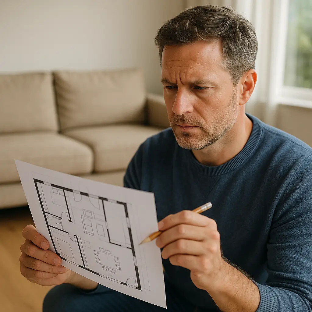 Homem segurando planta baixa enquanto calcula se o sofá vai caber na sala.