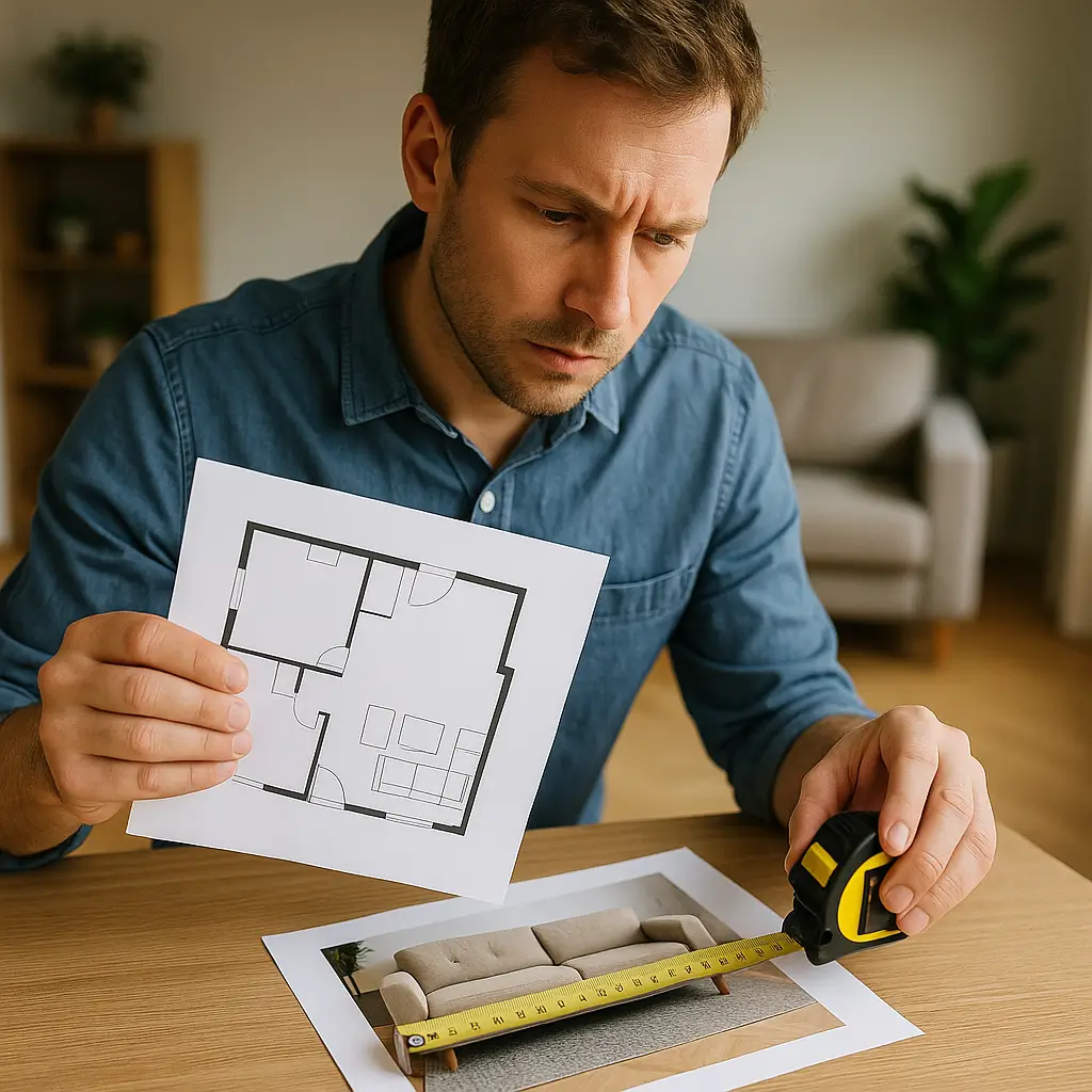Homem medindo foto de sofá com fita métrica e segurando planta baixa, verificando se o sofá vai caber na sala.