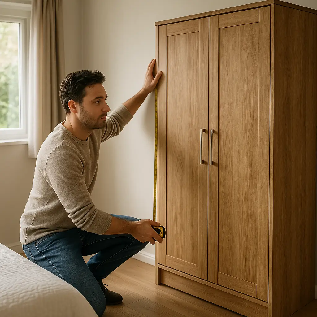 Homem ajoelhado medindo um guarda-roupa com fita métrica, avaliando como saber se o guarda-roupa vai caber no quarto.