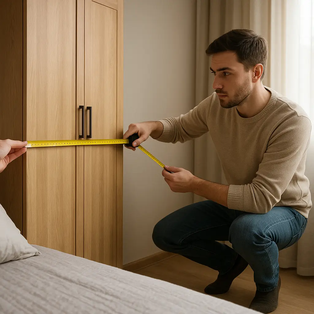 Homem medindo guarda-roupa próximo à cama, ilustrando como saber se o guarda-roupa vai caber no quarto.