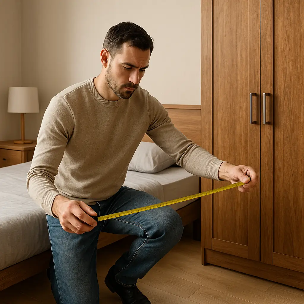 Homem medindo o espaço ao lado de um guarda-roupa com uma fita métrica para saber se o guarda-roupa vai caber no quarto.