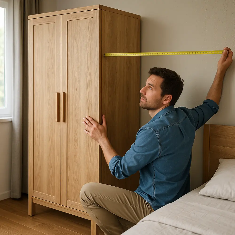 Homem medindo o espaço do quarto ao lado de um guarda-roupa para saber se o guarda-roupa vai caber no quarto.