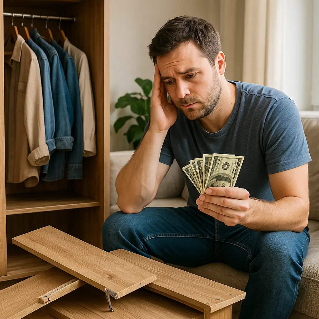 Homem preocupado olhando para cédulas, sentado ao lado de um armário quebrado com roupas; conceito de escolha de guarda-roupa barato.
