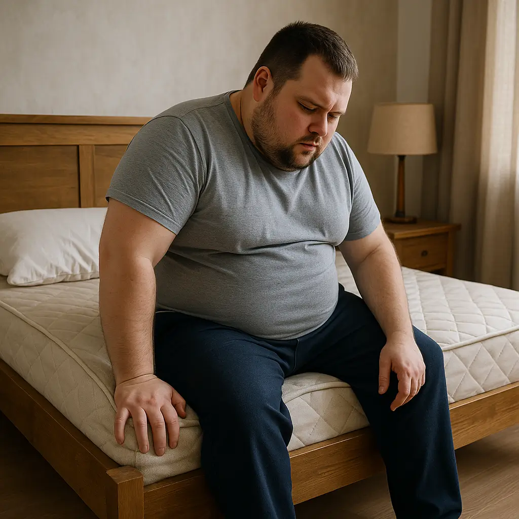 Homem sentado em cama ponderando quantos kg a estrutura aguenta.