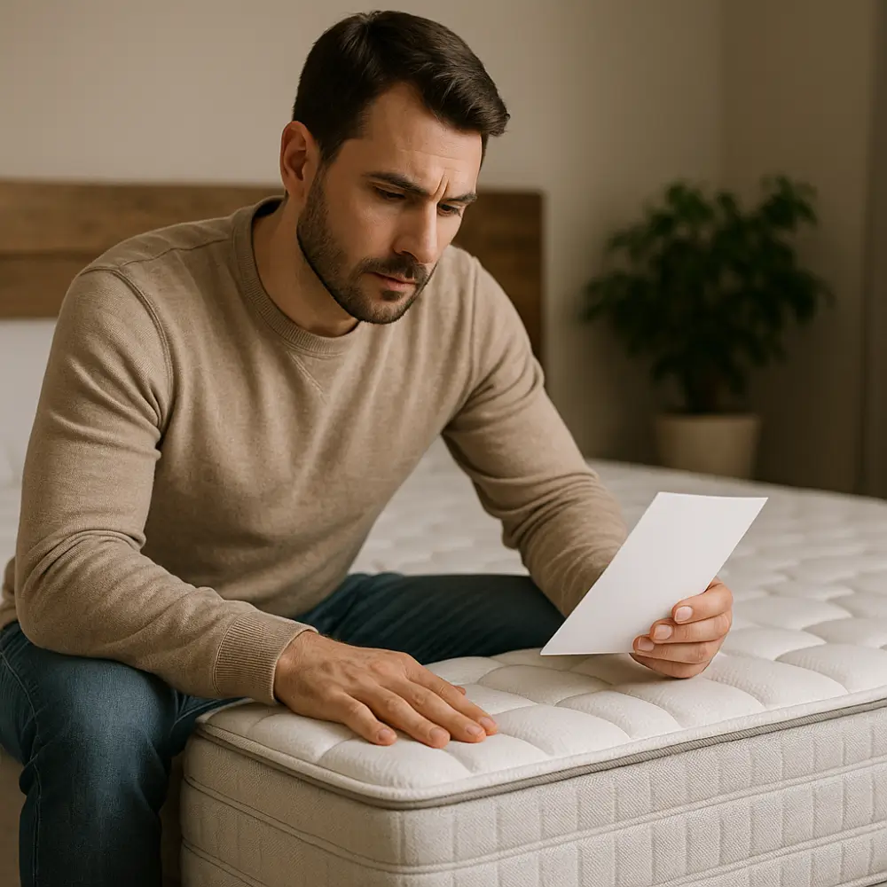 Homem sentado em um colchão avaliando sua firmeza, como saber se colchão é duro ou mole.