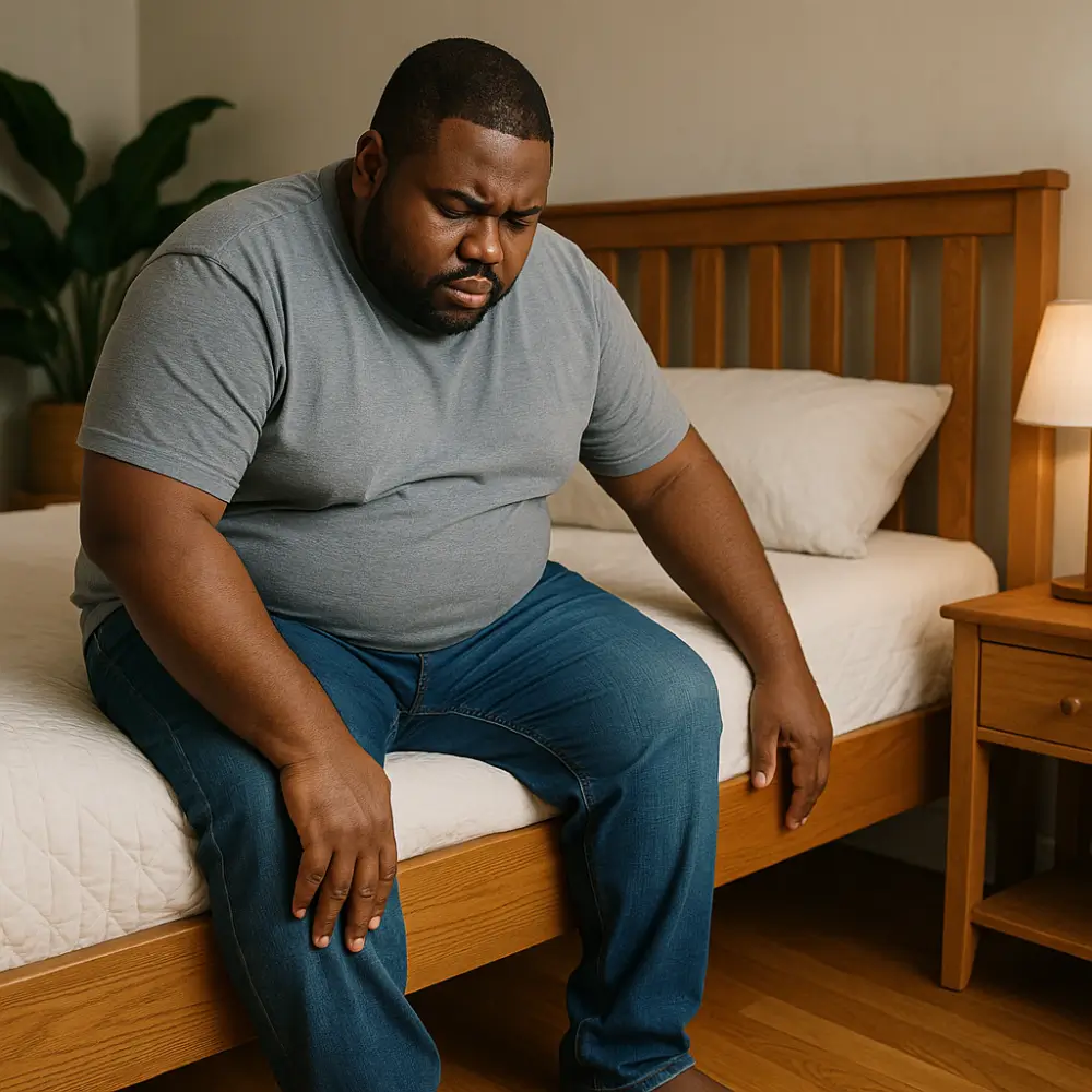 Homem sentado em uma cama ponderando quantos kg ela aguenta.