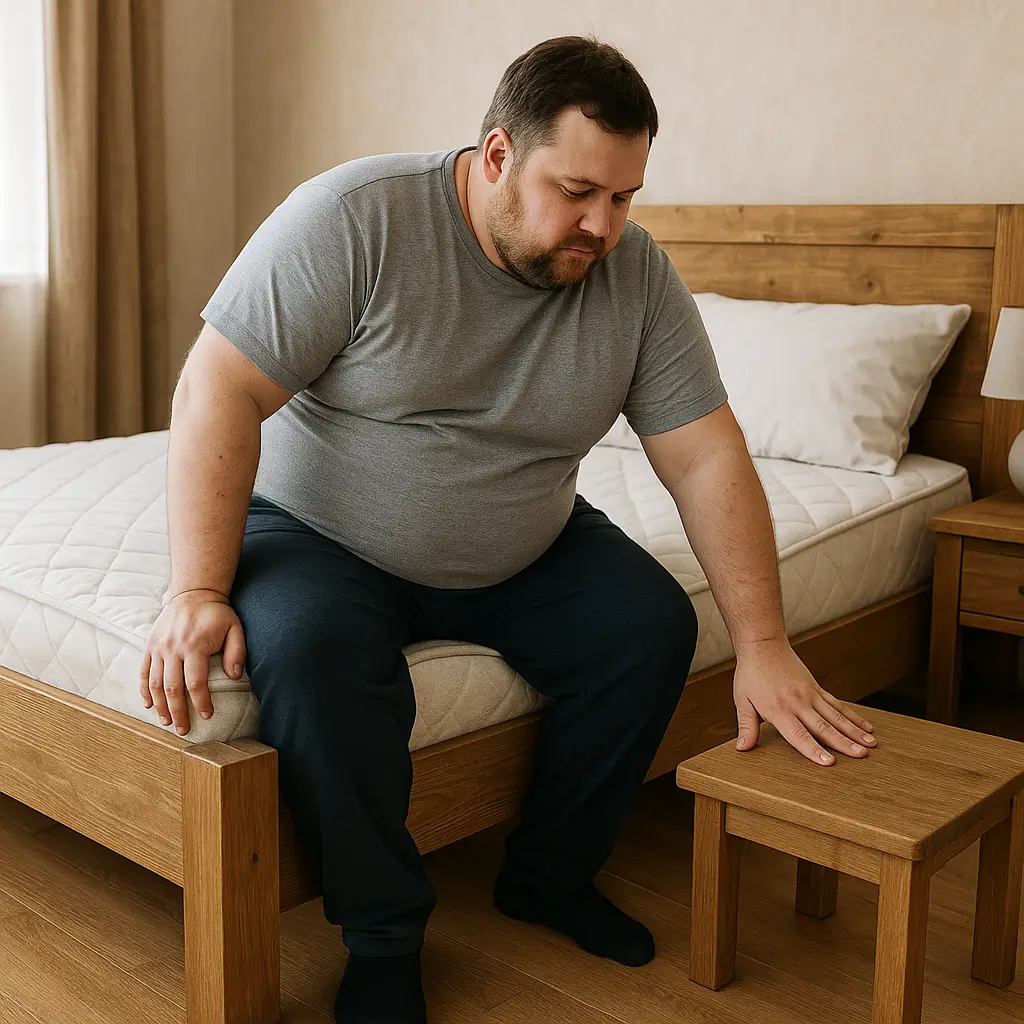 Homem sentado na beira de uma cama de madeira, pensativo, cama aguenta quantos kg.
