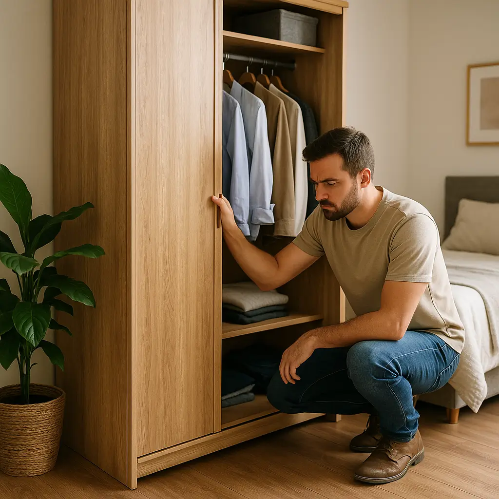 Homem verificando guarda-roupa barato de madeira clara em quarto moderno.