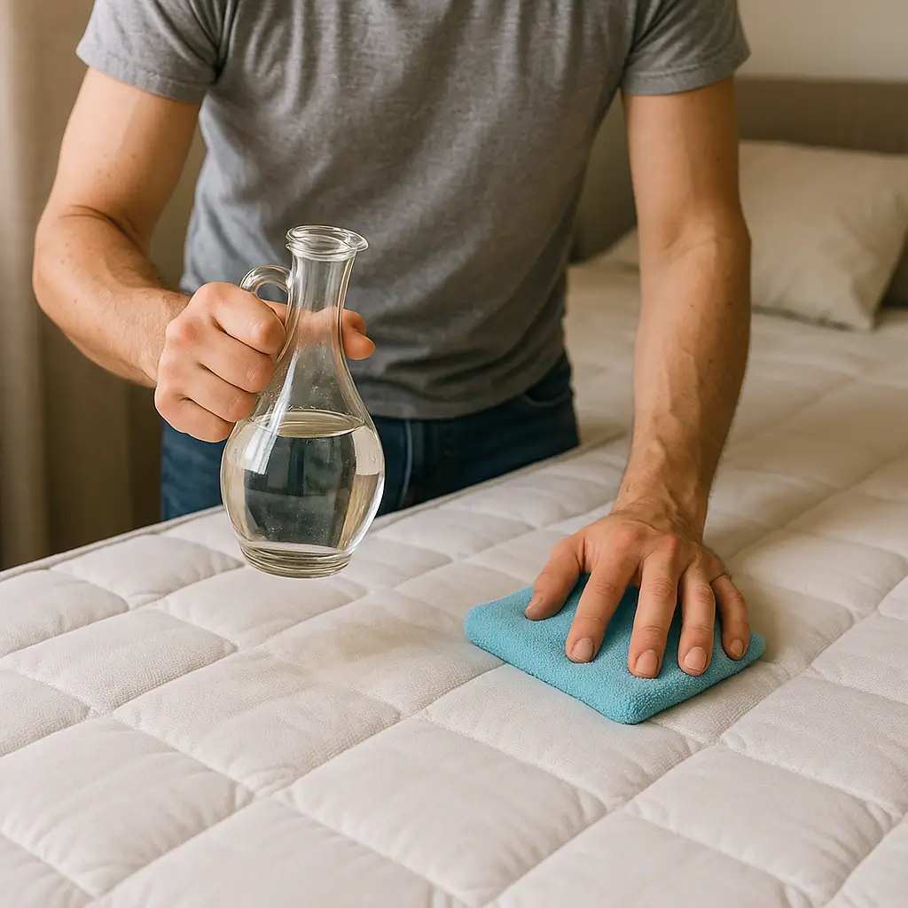 Limpeza de colchão com vinagre usando um pano azul.