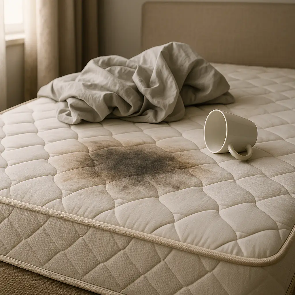 Mancha escura em colchão com lençol amassado e caneca caída, erros que estragam colchão.