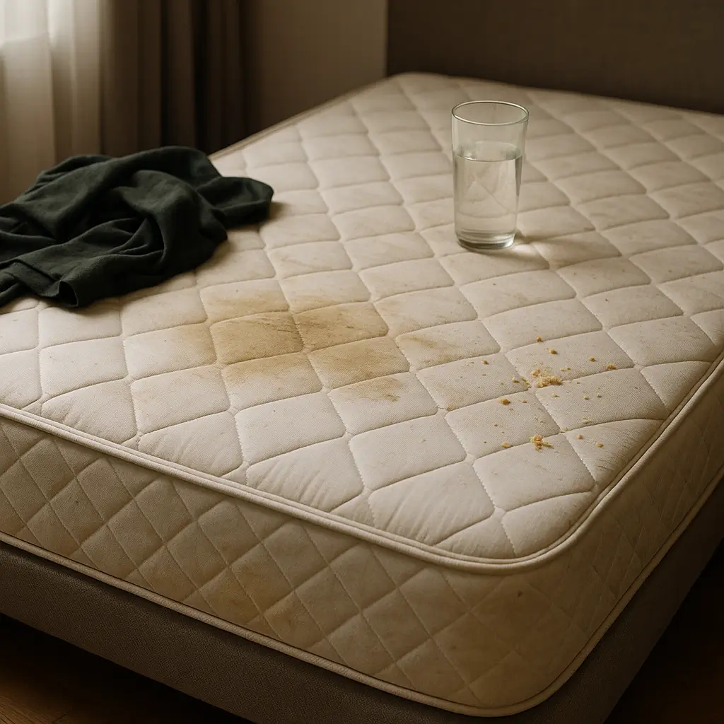 Manchas e migalhas sobre colchão com roupa e copo de água ao lado, erros que estragam colchão.