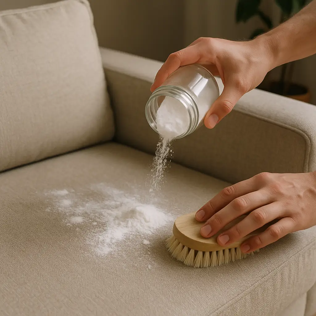 Mãos aplicando bicarbonato em um sofá usando uma escova, mostrando como limpar sofá com bicarbonato.