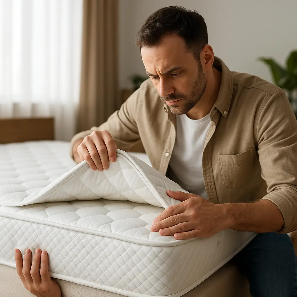 Homem preocupado examinando o colchão para saber quanto tempo o colchão vai durar.