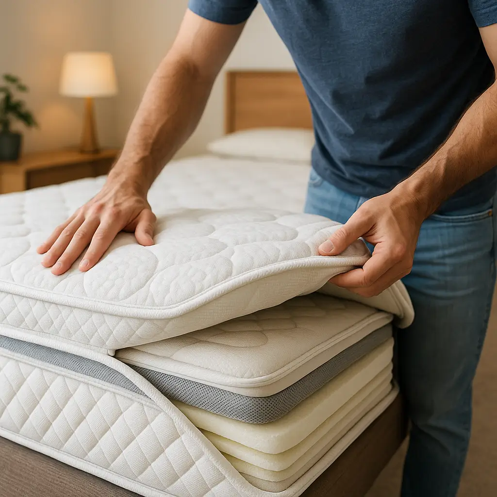 Mãos inspecionando as camadas internas de um colchão, sugerindo como o colchão vai durar.