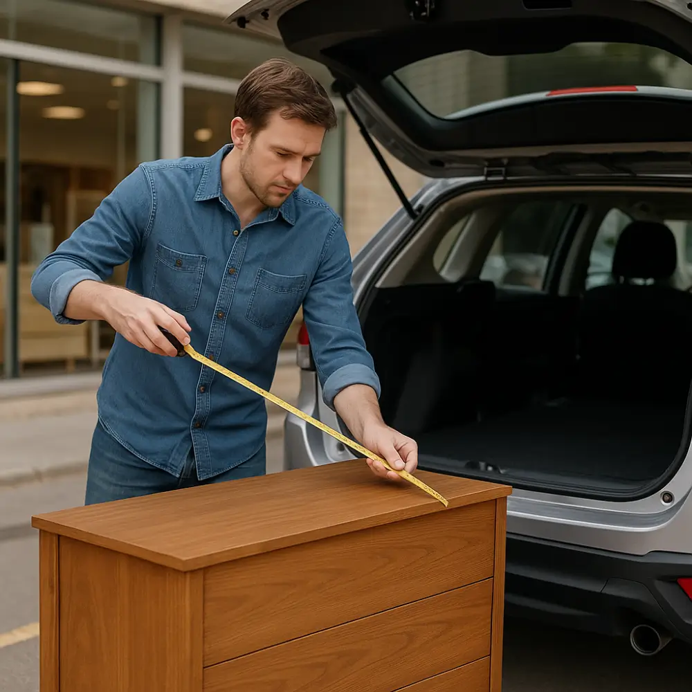 Medindo o móvel com fita métrica para verificar se cabe no carro aberto.