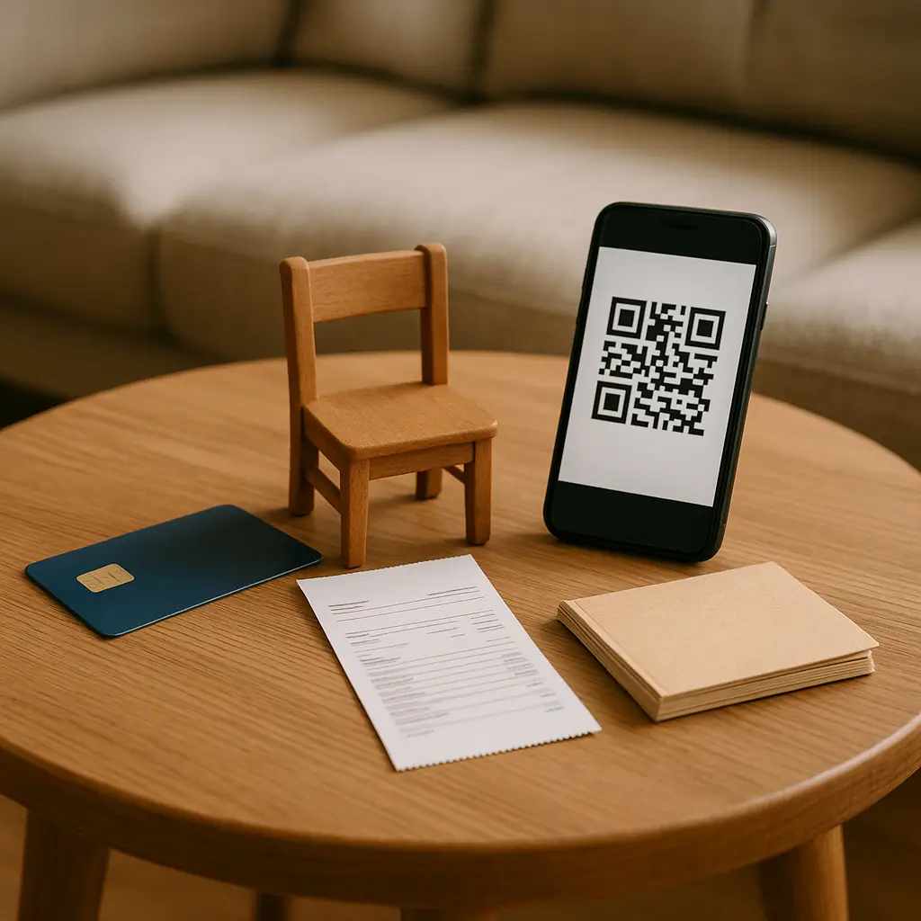 Mesa com miniatura de cadeira, smartphone com QR code, cartão de crédito e documentos representando forma de pagar móveis.