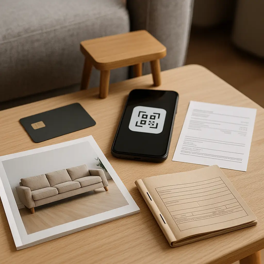 Mesa com cartão, foto de sofá, celular com QR code, documento e bloco de notas, indicando forma de pagar móveis.