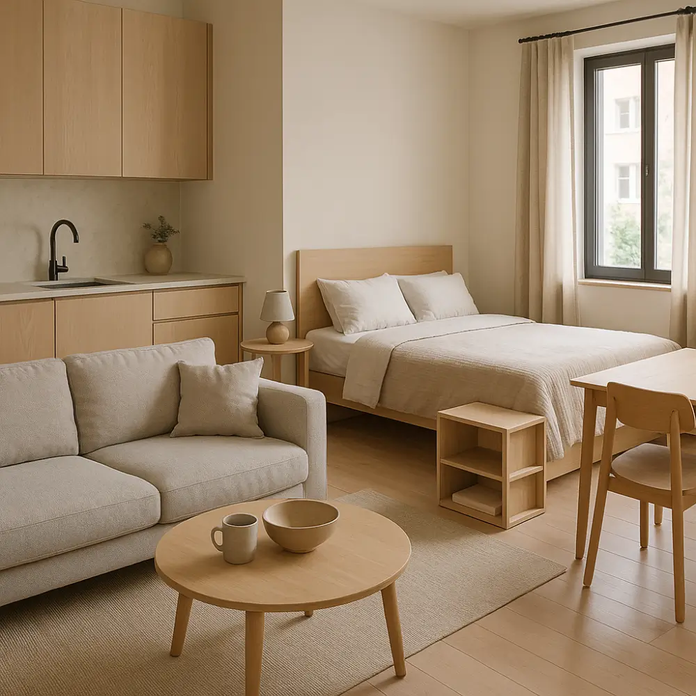 Móveis para kitnet em estilo minimalista com sofá, cama, mesa de centro, e bancada com pia, tudo em tons claros.