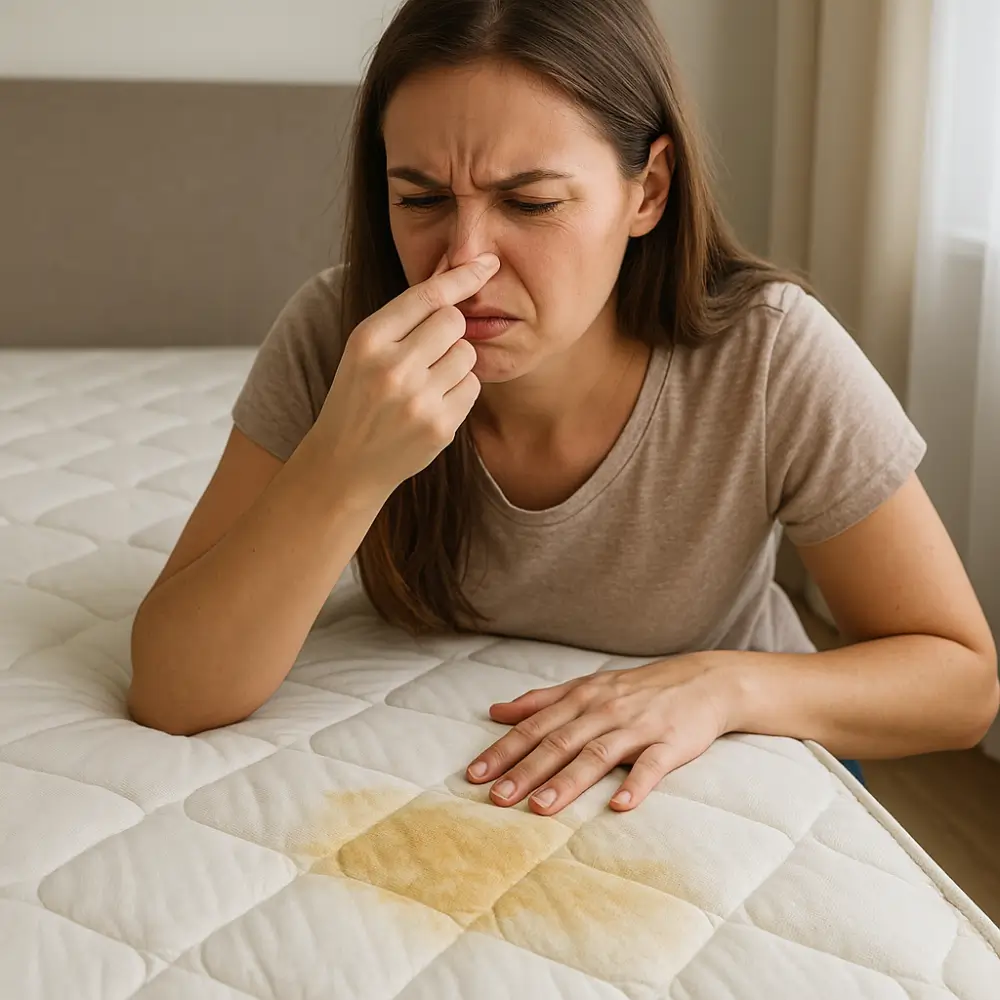 Mulher com expressão de desagrado segurando o nariz perto de um colchão com mancha, indicando mau cheiro.