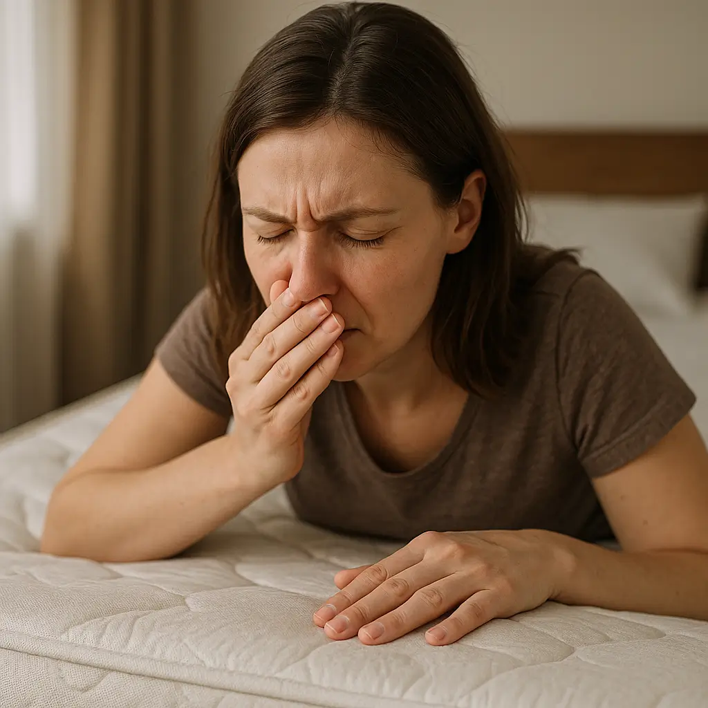 Mulher com expressão de desgosto perto de um colchão, possivelmente por cheiro ruim.