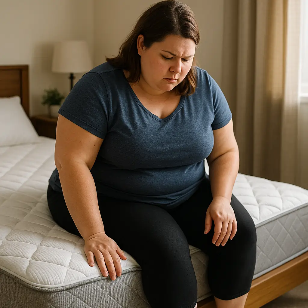 Mulher sentada em um colchão para pessoas acima do peso.