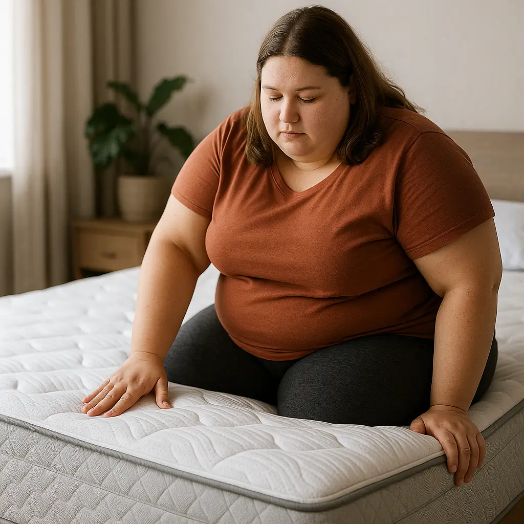 Pessoa sentada em um colchão para pessoas acima do peso, com uma mão pressionando a superfície.