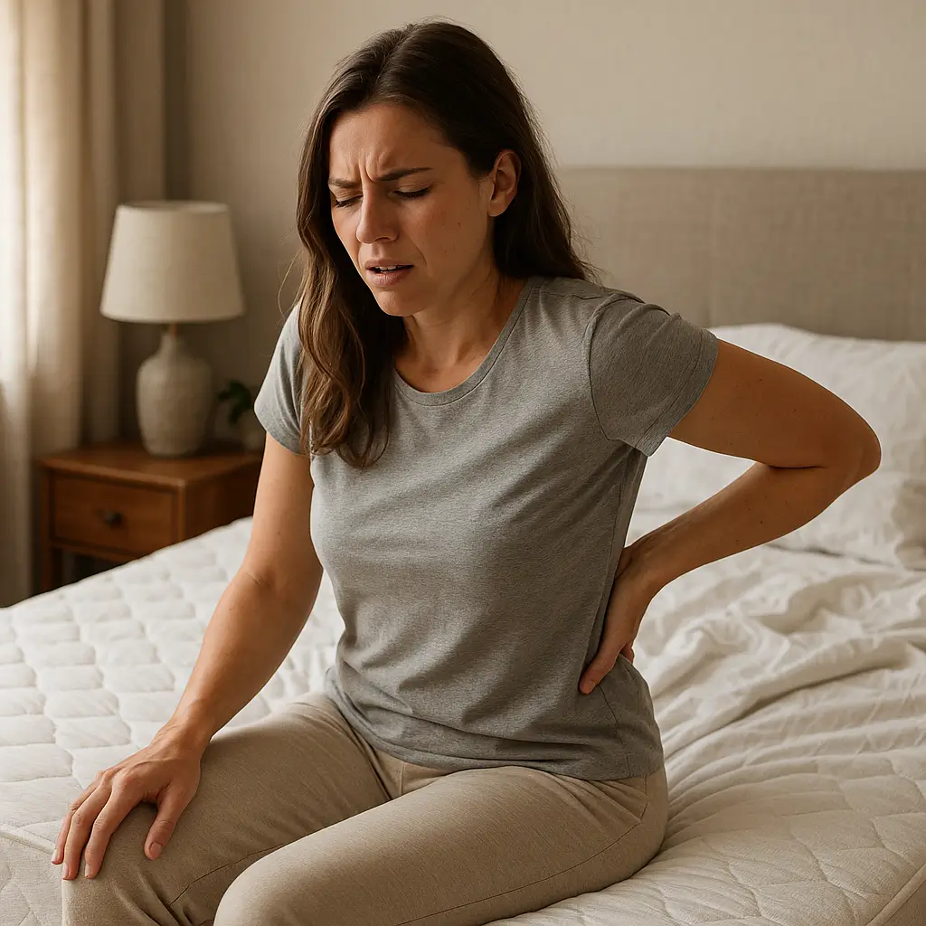 Mulher sentada na beira da cama com expressão de dor, indicando colchão causando dor nas costas.