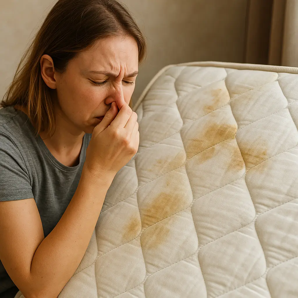 Mulher cobrindo o nariz ao lado de um colchão com manchas, indicando colchão ruim cheiro.