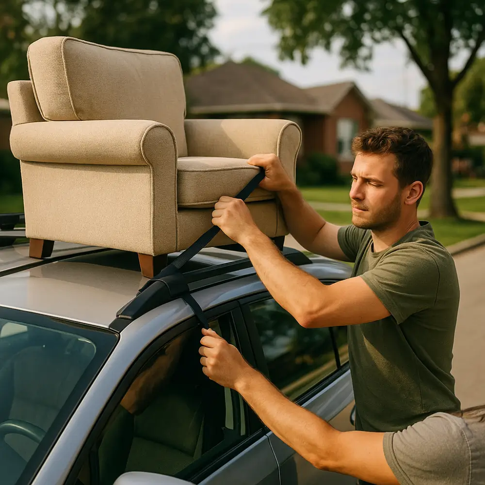 Pessoa amarrando poltrona no teto de um carro, demonstrando como transportar móveis sem caminhão.