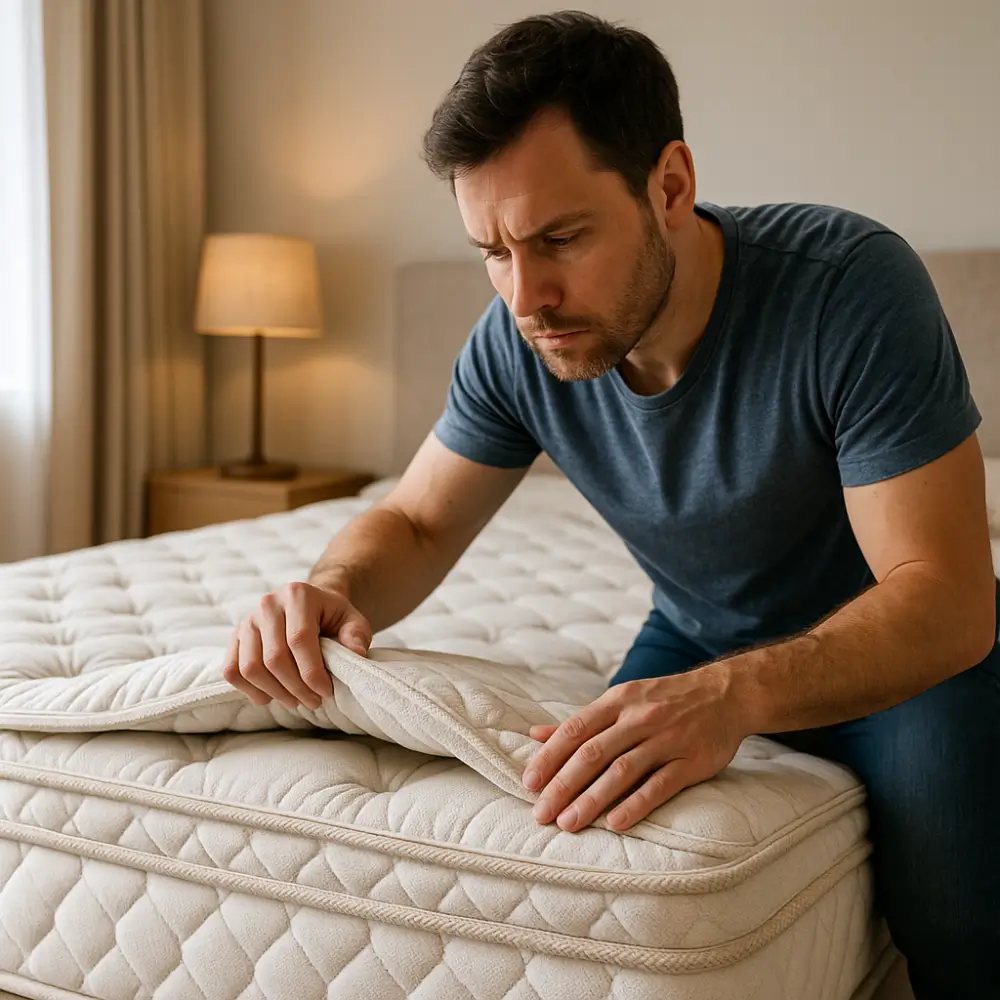 Pessoa examinando a condição de um colchão para determinar quanto tempo o colchão vai durar.