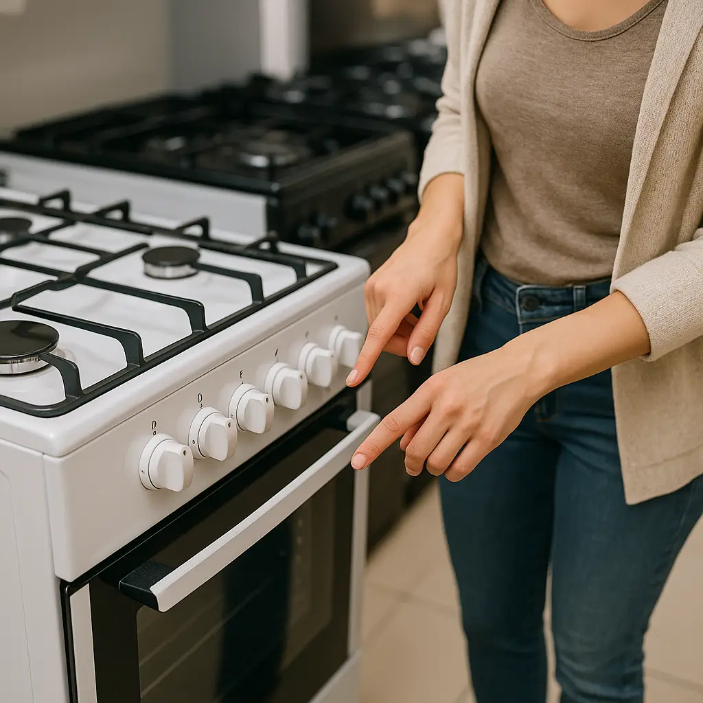 Pessoa ajustando knobs de um fogão barato em exibição.