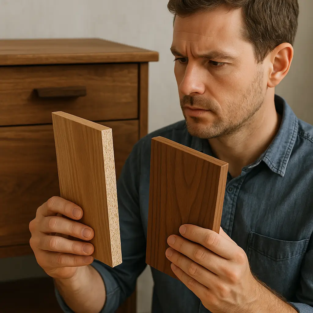 Pessoa segurando duas amostras de madeira, comparando a diferença entre MDF e madeira maciça.