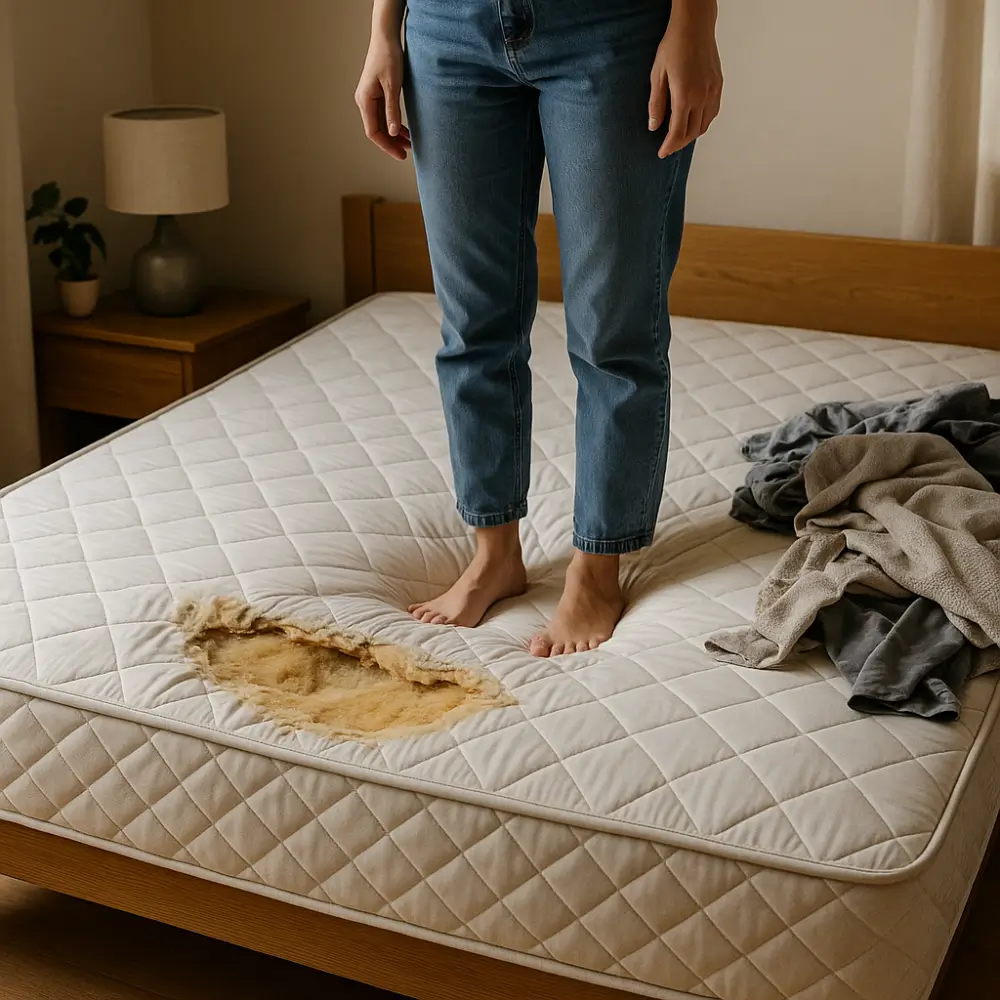 Pessoas de pé sobre colchão danificado com roupas jogadas, ilustrando erros que estragam colchão.