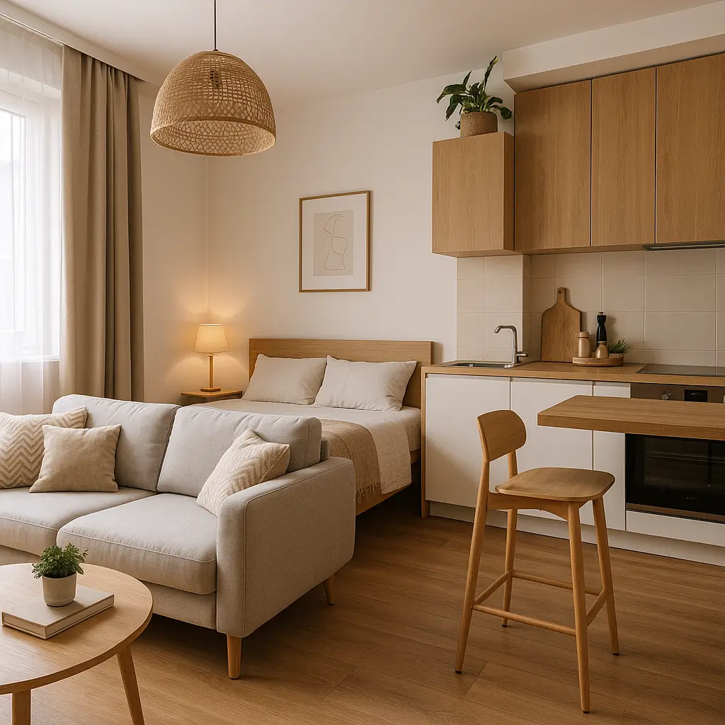 Sala integrada com móveis para kitnet, incluindo sofá bege, cama de casal, bancada com banquetas, armários de madeira clara e decoração minimalista.