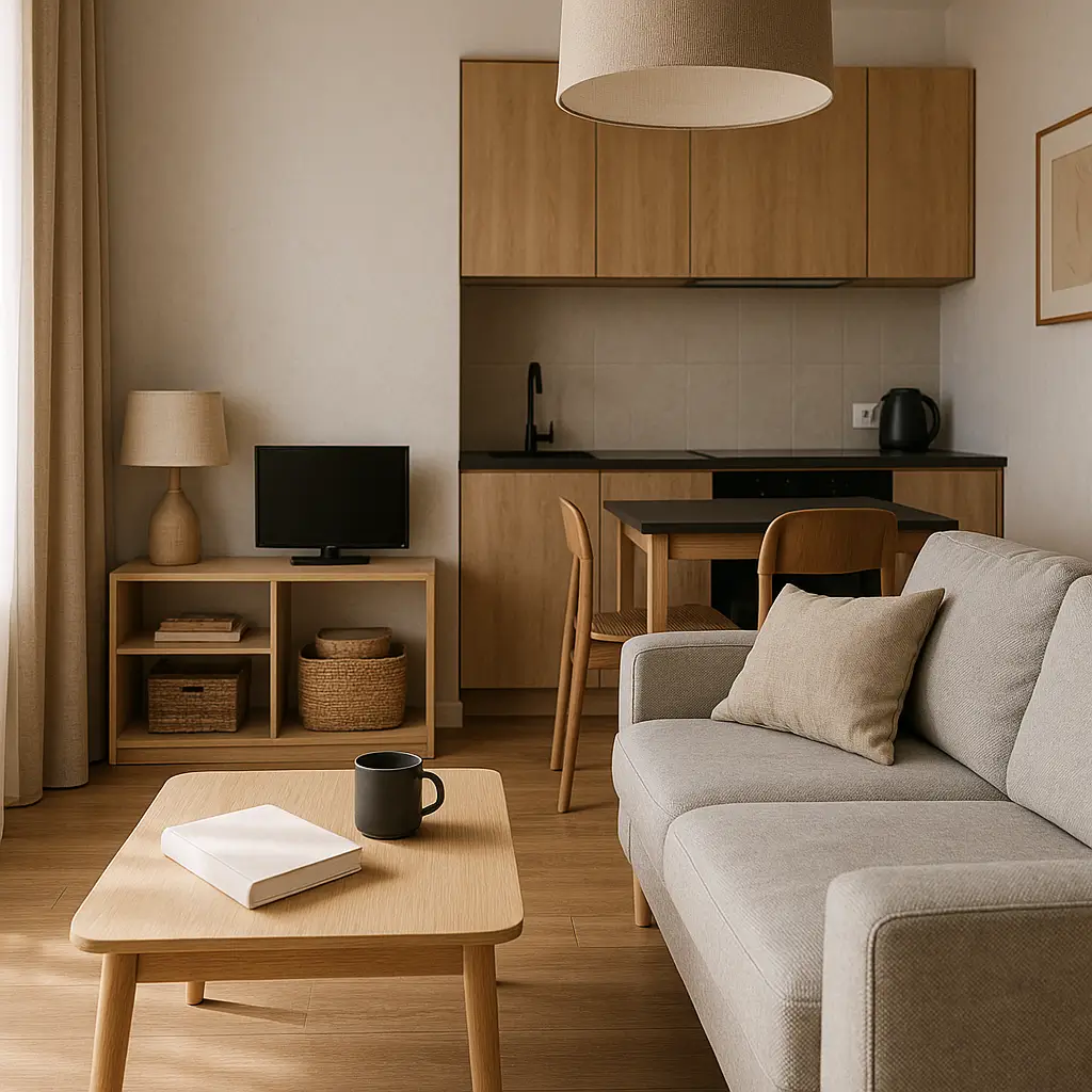 Sala de estar com móveis para kitnet, incluindo sofá cinza, mesa de centro de madeira, TV, luminária e pequena cozinha integrada ao fundo com armários claros.